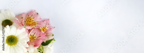 White daisies and pink astromeria on a white background. Holiday bouquet photo