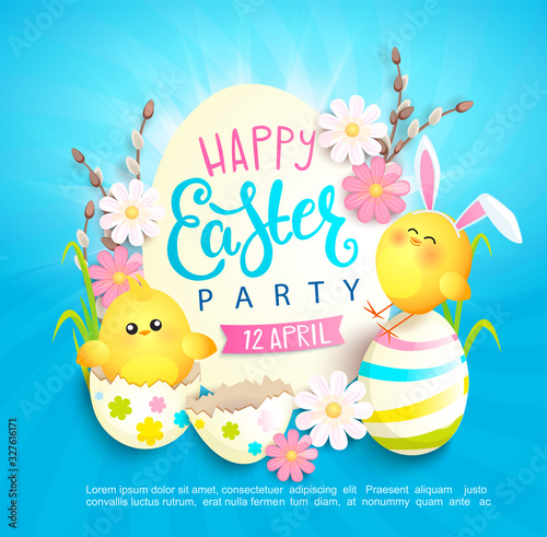 Happy easter party invitation card with beautiful camomiles, painted eggs and chickens with rabbits ears. Banner, poster, greeting, flyer.Template for your design. Vector illustration.