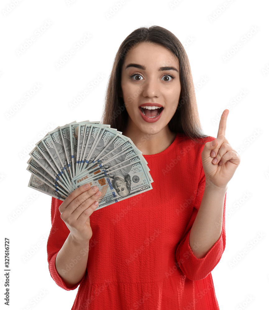 Emotional young woman with money on white background Emotional young woman with money on white background