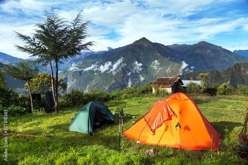 Camp site with two tents, view from Choquequirao trek