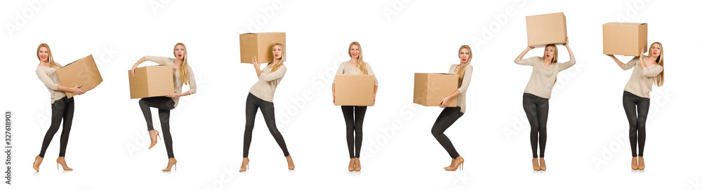 Woman with boxes relocating to new house isolated on white Woman with boxes relocating to new house isolated on white