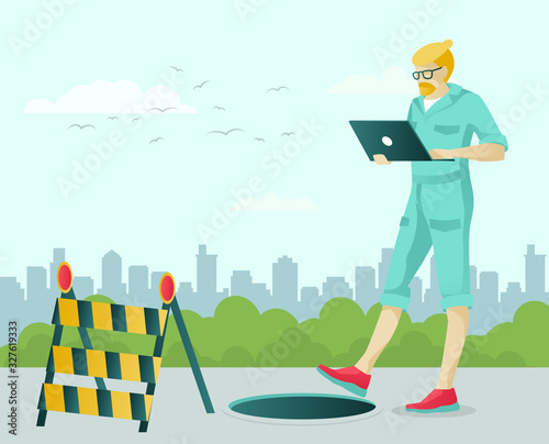 Cartoon Man Character Walking with Laptop. High Risk to Fall in Sewer Manhole or Empty Deep Hole due to Carelessness. Digital Addiction. Sewage Repair Sanitary Inspection. Vector Flat Illustration