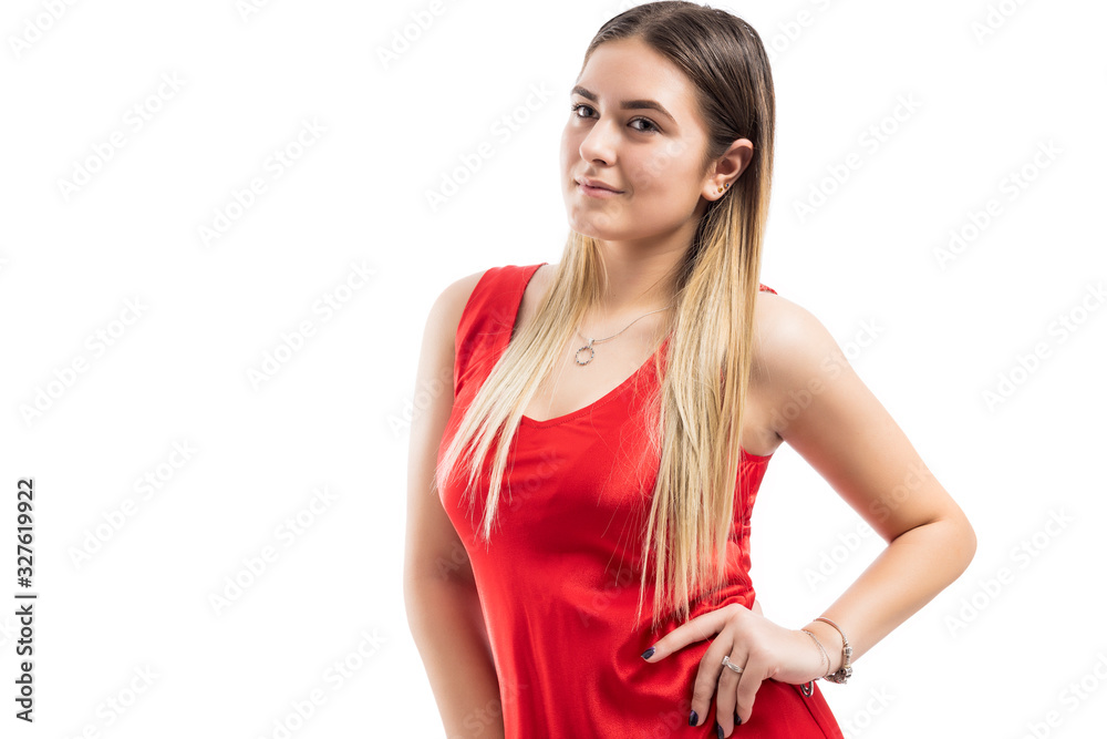 Woman red dress portrait isolated on white background. Woman red dress portrait isolated on white background.