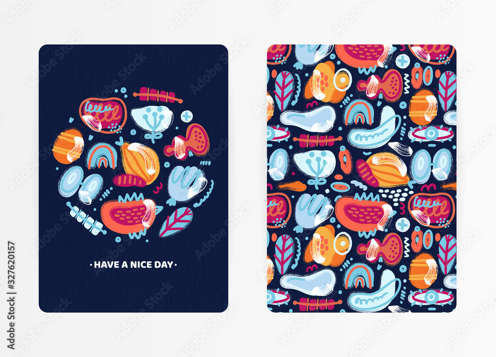 Obraz premium Vector abstract creative backgrounds with hand drawn different textured shapes and decorative elements. Folk style. Unique artistic cover design with decorated circle. Invitation, card, book, notebook