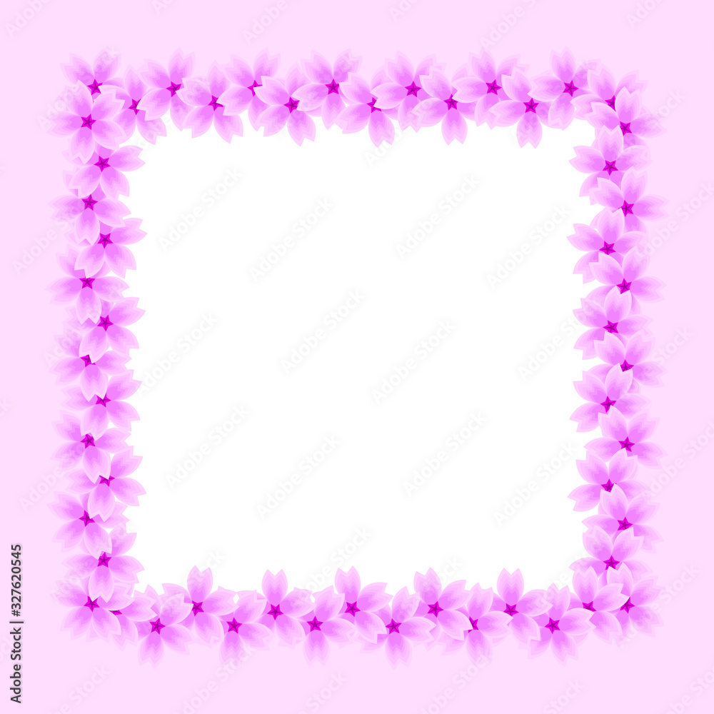 Square frame of sakura flowers. A wreath of pink flowers on a white background. Spring frame for the decoration of the theme of flowering, spring, beauty and Japan. Vector illustration