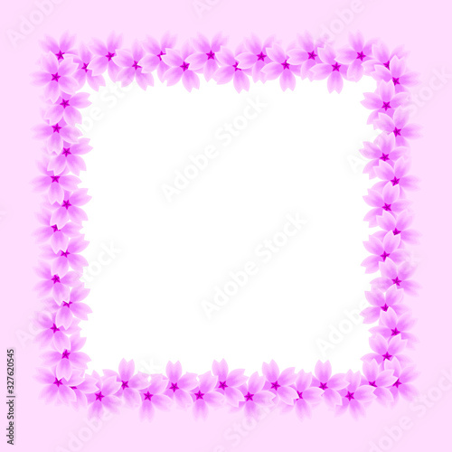 Square frame of sakura flowers. A wreath of pink flowers on a white background. Spring frame for the decoration of the theme of flowering, spring, beauty and Japan. Vector illustration