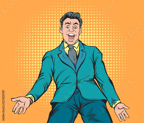 The businessman is excited and happy. He shows a smile while putting his hands down on both sides.Pop art retro illustration comic Style Vector, Separate images of people from the background.  