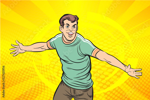 Business man are excited, happy, He showed a smile while raising his hand. Pop art retro illustration comic Style Vector, Separate images of people from the background.