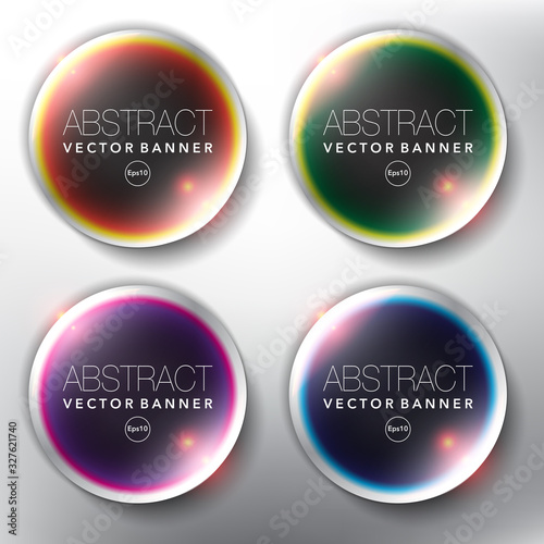 Vector glass web banners set of 4. Round glossy banners in 4 colors. Isolated with realistic light and shadow on the light panel.  Each item contains space for own text. Vector illustration. Eps10.
