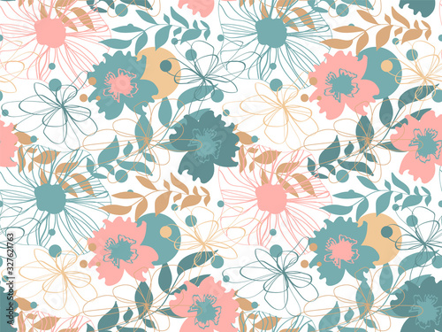 Seamless tropical pattern with flowers. Texture with flowers and plants. Floral ornament in pastel colors  raster version