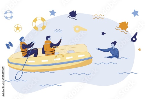 Rescuers Saving Woman from Flood Flat Illustration. Rescue Team in Rubber Boat Helping Drowning Girl. Cartoon Lifeguard Workers on Human Life Saving Operation. Emergency Situation, Natural Disaster
