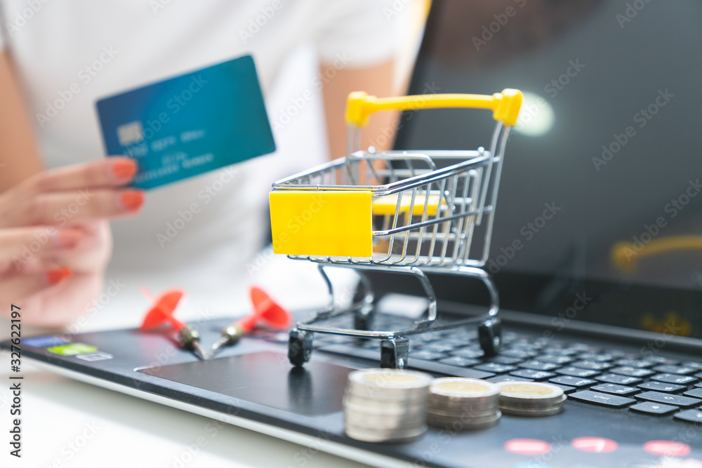 Pushcart or shopping trolley basket and credit card in shopping.
