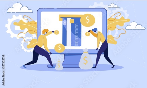 Fraudulent in Internet, Payment Safety, Online Money Transfers Protection Trendy Flat Vector Concept. Criminal, Hacker Stealing Money from Credit Card, Getting Access to Bank Account Illustration