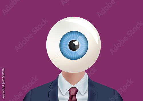 Concept de l’événement et du spectacle avec un homme vu de face dont le visage est remplacé par un œil qui symbolise l’observation.