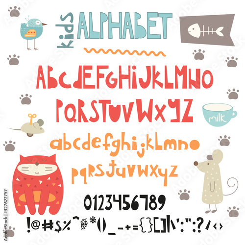 Kids funny alphabet. Cartoon hand drawn graphic font. For typography poster, greeting card, banner design. ABC. Vector illustration isolated on white background. Uppercase, lowercase, numerals, punctu