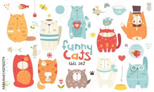Funny cats set. Hand drawn. Doodle cartoon cats and elements for nursery posters, cards, t-shirts. Vector illustration. Kitten, feline, mouse, fish and flower.