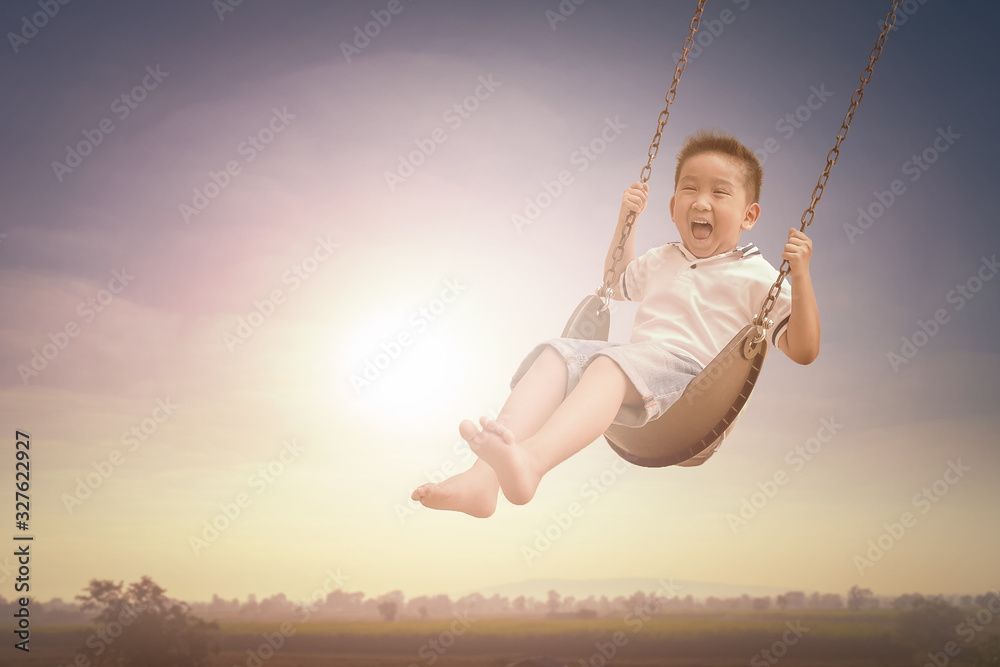 Laughing little boy riding on a swing and feeling happy in a park.