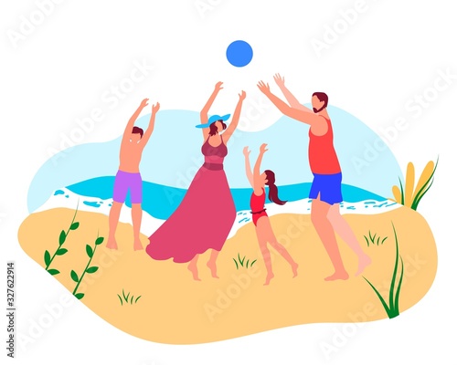 Happy Family Summer Vacation Leisure Time. Mother, Father, Daughter and Son Playing Active Games with Ball at Seaside. Man, Woman and Kids Summer Weekend Sparetime. Cartoon Flat Vector Illustration