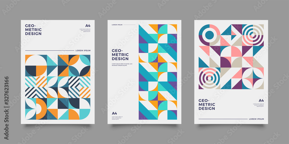 Placard templates set with Geometric shapes, Retro bauhaus swiss style flat and line design elements. Retro art for covers, banners, flyers and posters. Eps 10 vector illustrations