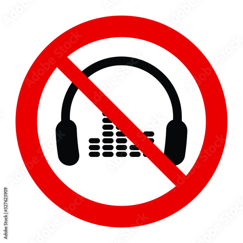  no headphones icon. no listening music icon. The red circle prohibiting sing 