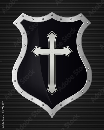Christian Cross and Shield of Faith. Church Logo. Religious Symbol. Creative Christian Icon. Black and White
