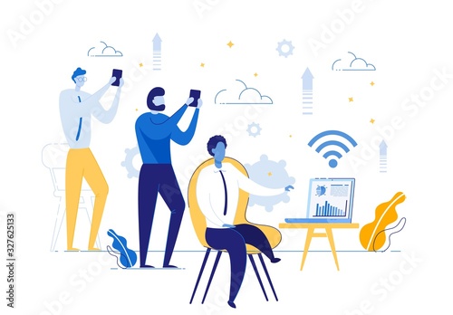 Workflow in Office or Stock Exchange, Investment Agency. Employees, Men Cartoon Characters Monitor Stock Quotes and Profits Growth. Success and Business Development. Trendy Flat Vector Illustration.