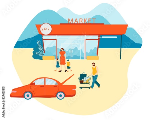 Young Mother with Two Kids Boy and Girl Leaving Supermarket Going to Parked Car, Father Pushing Shopping Trolley with Products and Paper Bag to Open Automobile Trunk. Cartoon Flat Vector Illustration