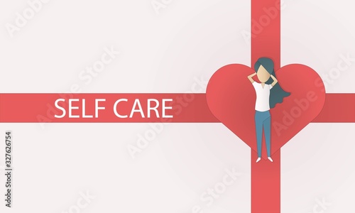 self care and self compassion concept,woman or girl sleeping sadly on a red heart,Red ribbon with text, white background,Vector illustration outline design.