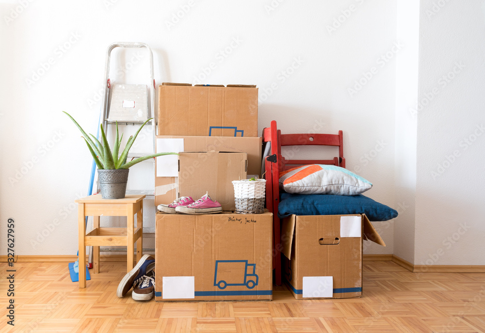 Fototapeta premium Move. Cardboard boxes, cleaning things and stuff for moving into a new, clean and bright home