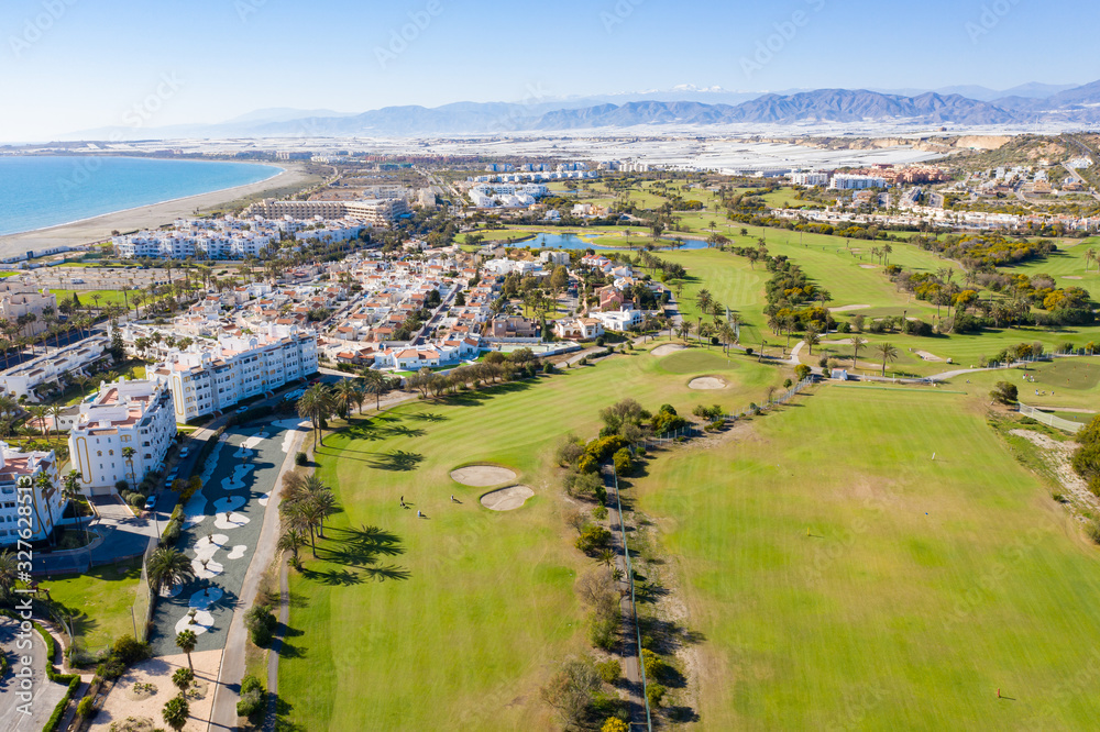 Aerial view of the golfcourse in Almerimar Spain on a sunny day 