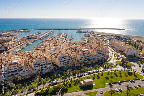 Aerial view of the coastline and harbour of Almerimar Spain on a sunny day