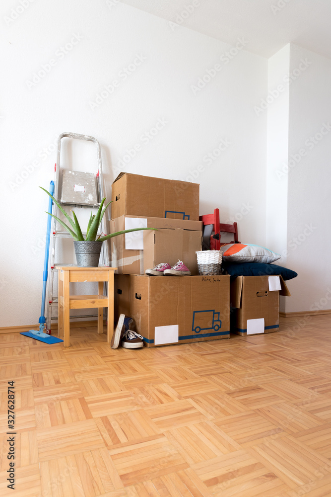 Fototapeta premium Move. Cardboard boxes, cleaning things and stuff for moving into a new, clean and bright home