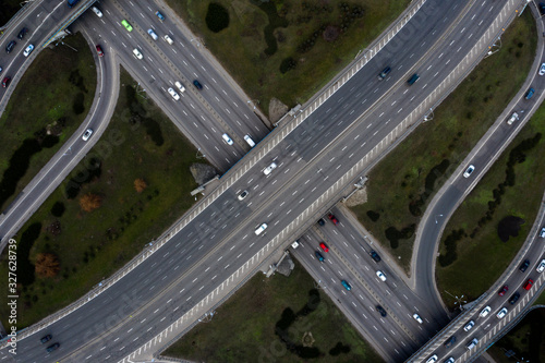 Aerial view of traffic on overpass
