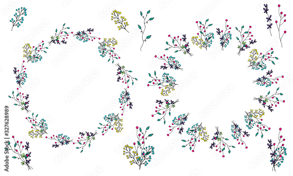 Doodle style flowers. Set of wreaths, small bouquets, branches and elements from multi-colored simple flowers on a white background. Bright pink, purple, green colors. Isolated objects.