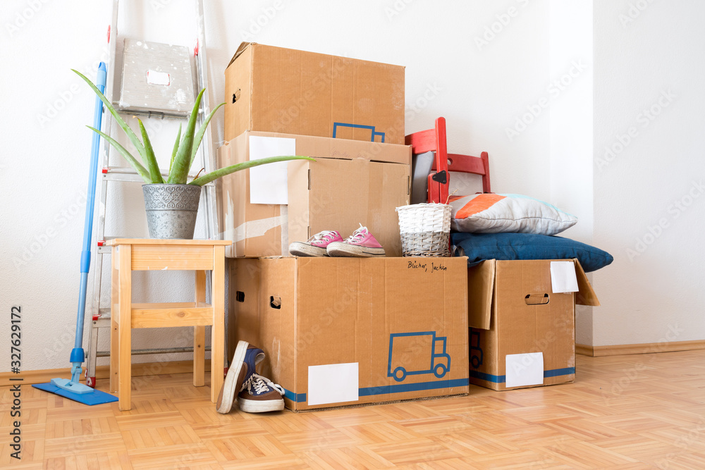 Fototapeta premium Move. Cardboard boxes, cleaning things and stuff for moving into a new, clean and bright home