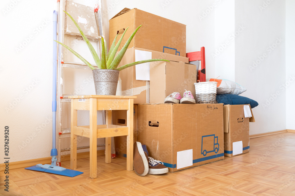 Fototapeta premium Move. Cardboard boxes, cleaning things and stuff for moving into a new, clean and bright home