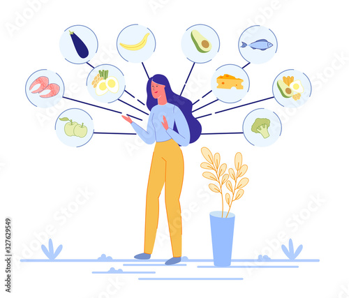 Young Woman Character Planning Healthy Food Products purchasing and Individual Personal Weight Control Meal Plan. Food Shopping and Diet Custom Nutrition List. Flat Vector Cartoon Illustration.