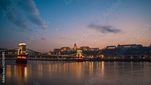 Szechenyi Chain Bridge over the River Danube at night in Budapest