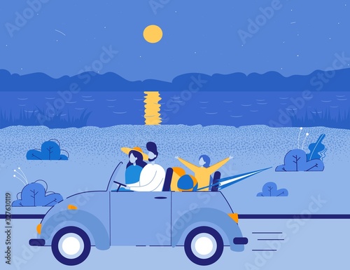 Friends Traveling in Cabriolet to Sea. Men and Women Cartoon Characters Driving Car on Moon Night River Bank Landscape Background. Automobile Trip, Summer Adventure. Flat Vector Illustration.