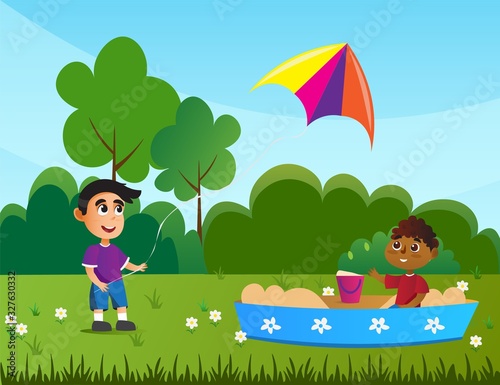 Child Playing in Sandbox, Boy with Flying Kite Flat Cartoon Vector Illustration. Two Happy Smiling Kids Playing on Playground. Summer Children Activity on Fresh Air. Having Fun on Nature.