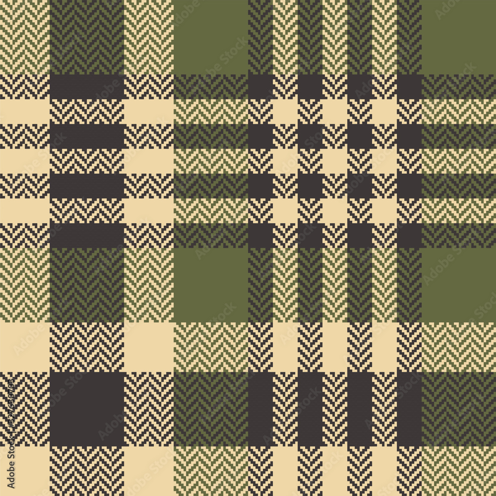 Plaid pattern seamless vector background. Dark tartan check plaid in olive green, brown, and beige for blanket, throw, or other modern fabric design. Herringbone woven pixel texture.