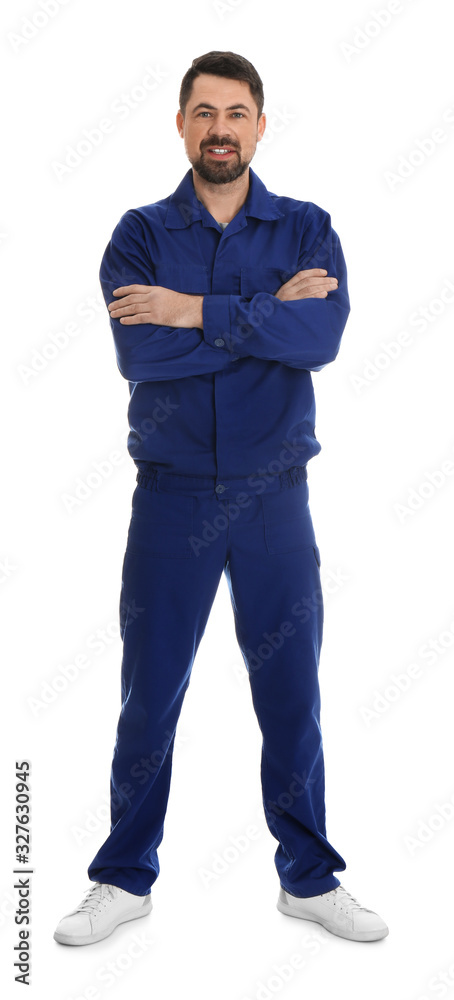 Full length portrait of professional auto mechanic on white background Full length portrait of professional auto mechanic on white background