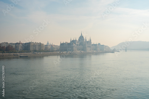 Parliament building and Danube river in the foggy morning, Budapest, Hungary.