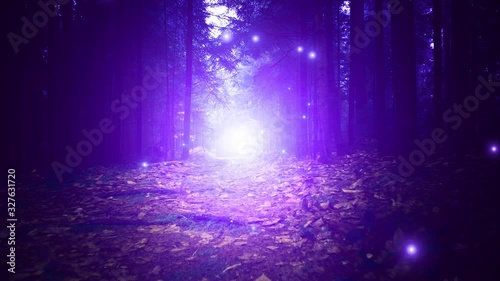 Walking on a dark, scary forest root path in pink coloured forest with flying glowing fireflies.  photo