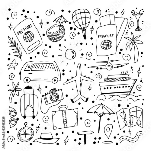 Travel set in doodle style. Elements are isolated on a white background. Stock vector illustration