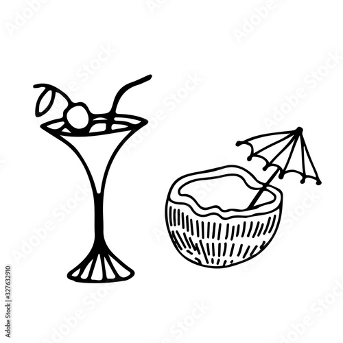 Doodle style cocktail set. Elements are isolated on a white background. Cocktail in a glass and in a slice of coconuts with an umbrella. Stock vector illustration