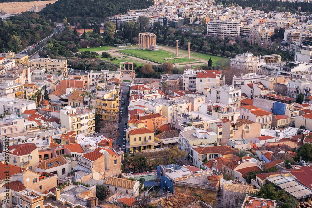 Aerial view of preserved historic buildings in the Plaka neighborhood of Athens, on the slopes of Acropolis, Greece