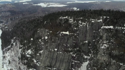 Aerial Drone Footage of a snowy afternoon on top of a mountain with a steep cliff and an amazing view on a frozen lake in the middle of Canadian winter in Quebec. Denoised with NEAT. photo