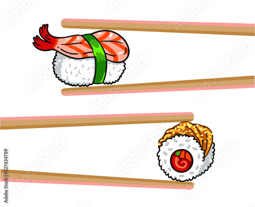 SUSHI AND ROLLS ON A WHITE BACKGROUND