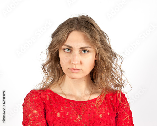 Young woman blonde portrait look scornful isolated on white